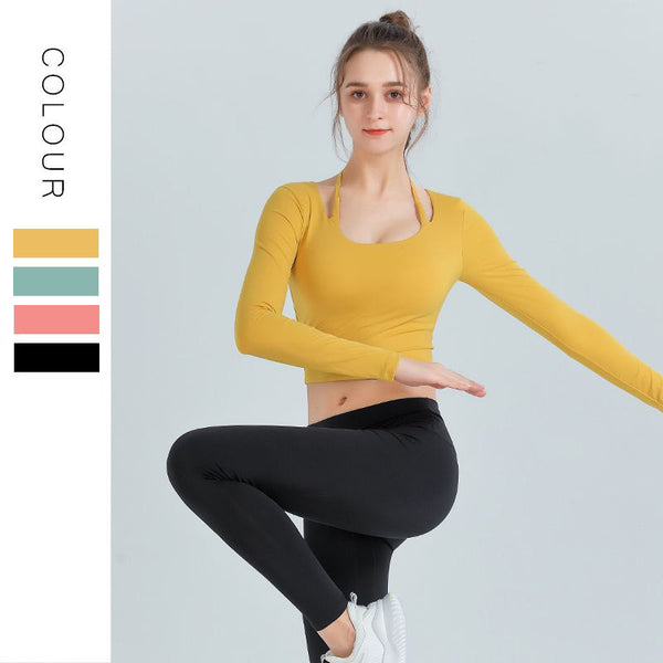 Sidiou Group ANNIOU New Fitness Wear Long-Sleeved Solid Color Yoga Shirt Women's High Elastic Quick Dry Workout Clothes With Chest Pad Sports T-shirts Gym Crop Top