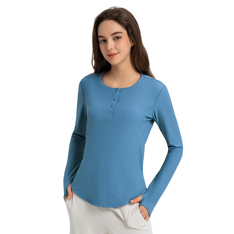 Sidiou Group ANNIOU Spring Loose Casual Round Neck Athletic Wear Women High Elastic Long-Sleeved Sports Top With Finger Hole Curve Hem Breathable Running Ribbed Fitted Yoga Shirts