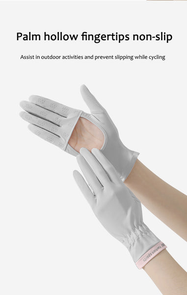 Sidiou Group ANNIOU Solid Color Summer Fingerless Non Slip Ice Silk Gloves Women Hollow Palm Breathable Sweat Absorbing Outdoor Driving Cycling Anti UV Gloves