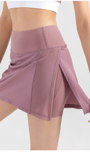 New Women's Solid Sports Skirt Side Slit Double Layer High Waist Yoga Skirts Quick Dry Running Fitness Tennis Skirts With Shorts