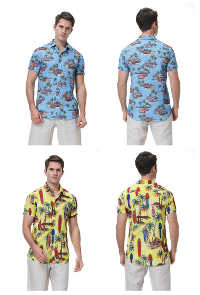 Men's Casual Polyester Hawaiian Flower Shirt with Turn-Down Lapel Quick Dry and Anti-Wrinkle Beach Shirts for Summer