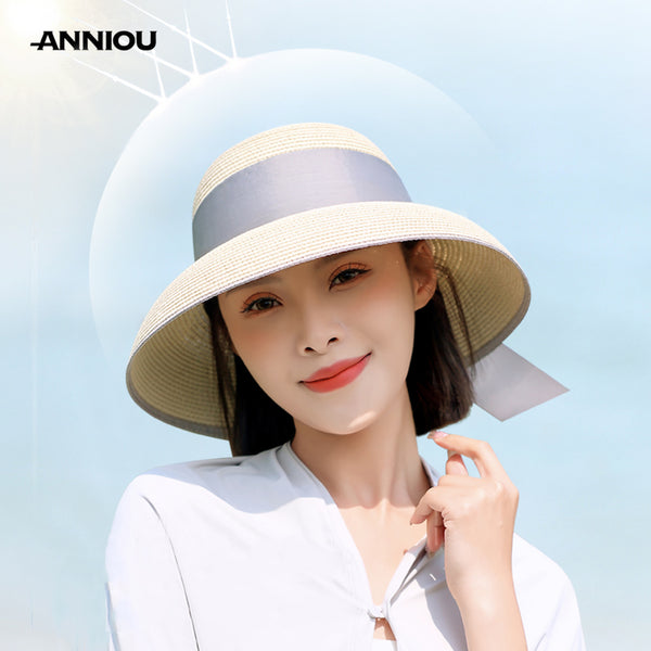 Sidiou Group ANNIOU Summer Women's Elegant Retro Straw Hat Beach Travel Seaside Vacation Sunscreen Breathable Large Brim UV Sun Shade Hat
