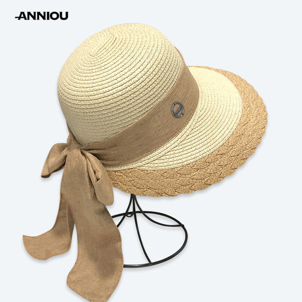 Sidiou Group ANNIOU Vacation French Style Bow Straw Hats Summer Sunscreen Large Brim Women Hat Riding Seaside Travel Foldable Sun Hat