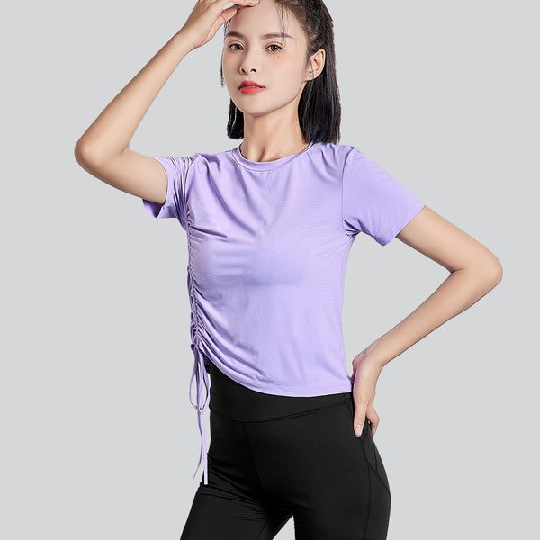Wholesale Fashion Women Side Drawstring Sports Running T Shirts Round Neck Tops Ladies Short Sleeve Sun Protection Yoga T Shirt