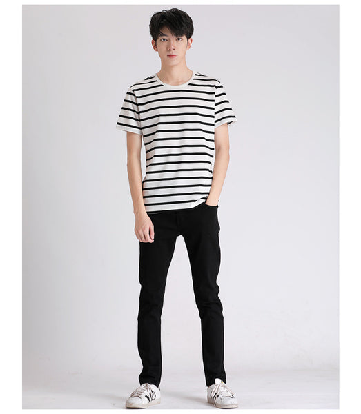 Wholesale Customized Short-sleeved T-shirt Black and White Striped Round Neck T Shirt Men's T Shirt Manufacturers