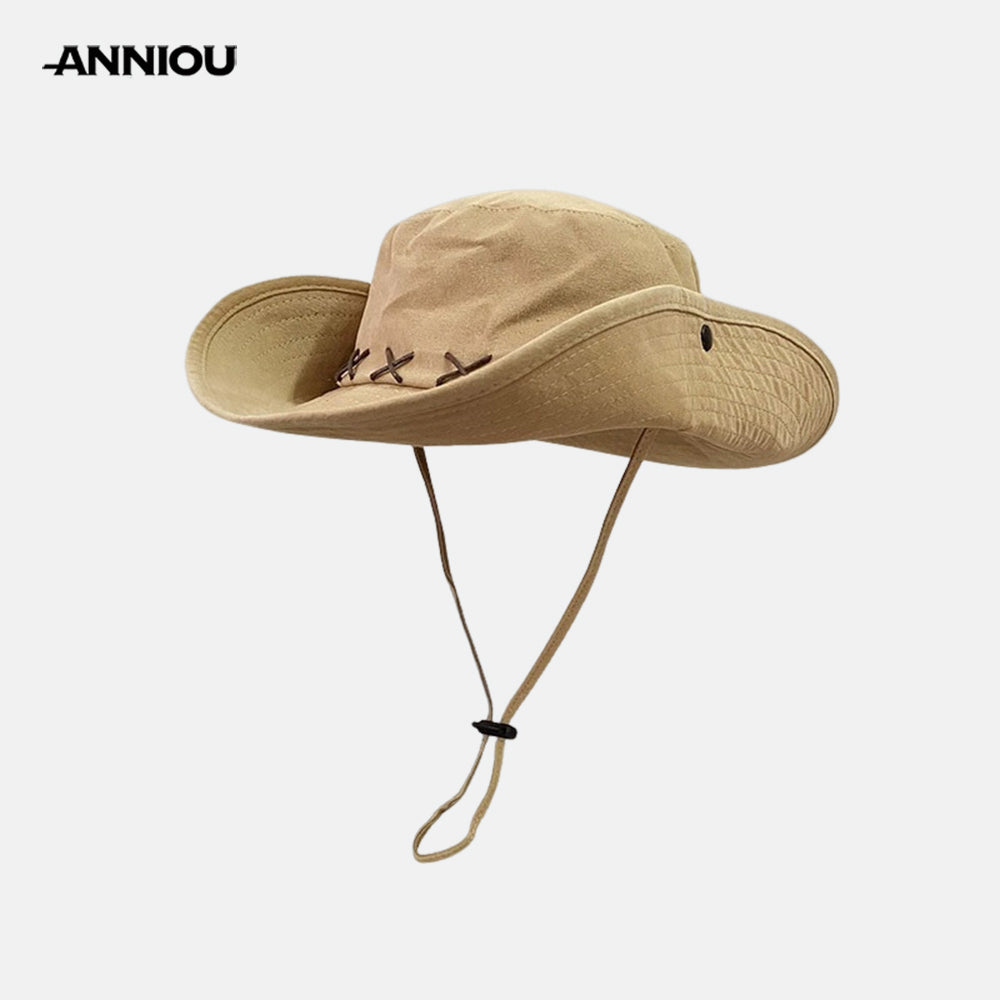 Sidiou Group ANNIOU Western Cowboy Hat Men's Retro Hiking Bucket Hats Big Brim Windproof Outdoor Camping Fishing Women's Sunscreen Hats