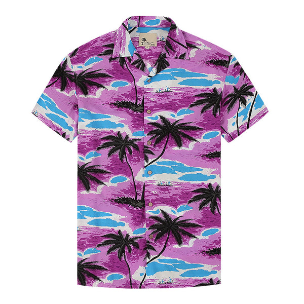 Men's Casual Polyester Hawaiian Flower Shirt with Turn-Down Lapel Quick Dry and Anti-Wrinkle Beach Shirts for Summer