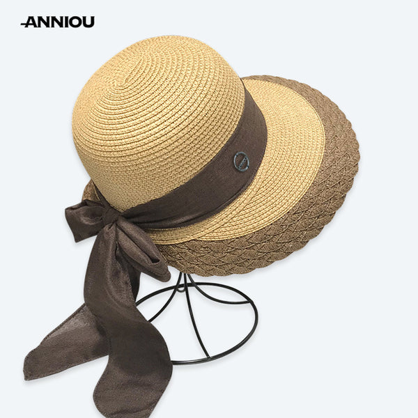 Sidiou Group ANNIOU Vacation French Style Bow Straw Hats Summer Sunscreen Large Brim Women Hat Riding Seaside Travel Foldable Sun Hat