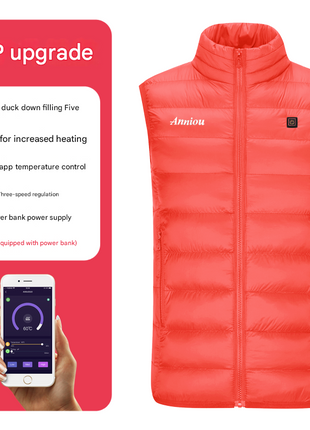 red 5 area single button heated duck down vest
