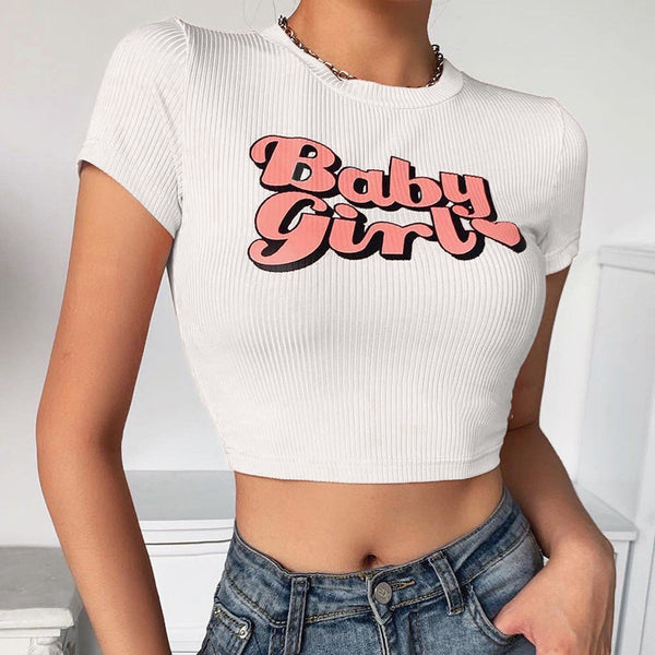 Stylish Street-Style Women's T-shirts Pink Letter Print Crop Top Short-Sleeve O-Collar Ladies Shirt Sexy Hot Girl Outfit T-shirts