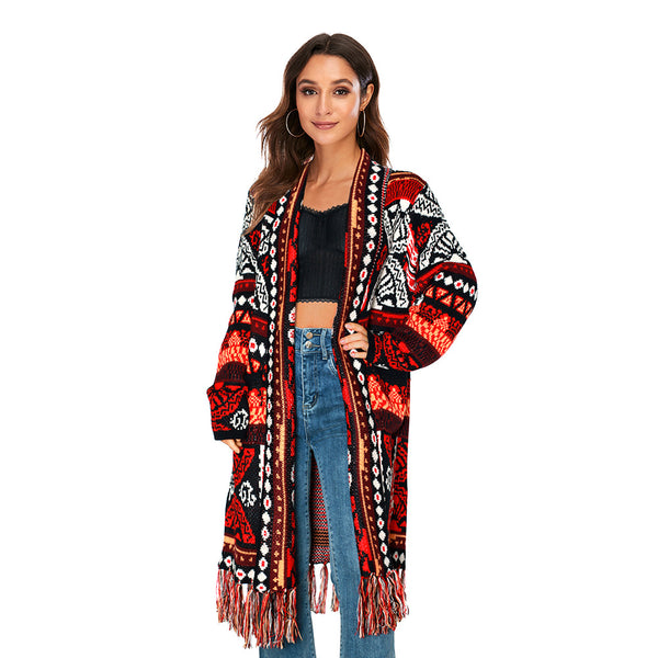 New Design Women Slash Neck Printing Retro Sweater Coat Loose Long Sleeve Bohemian Cardigan Ethnic Style Long Jacket Coats