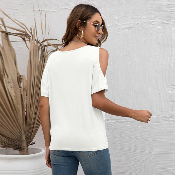 Chinese Factory Direct Sales Women's Short Sleeve T-Shirts Fashion Sexy Cold Shoulder V Neck Loose Tops Irregular Design Tee