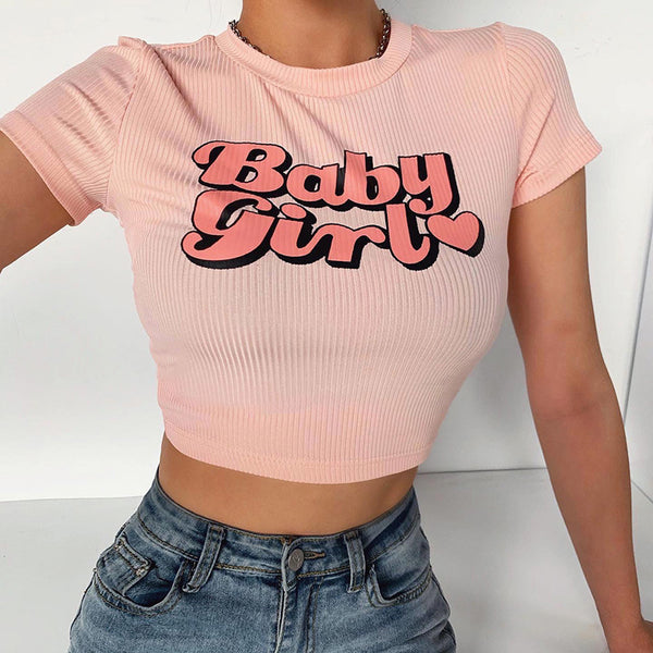 Stylish Street-Style Women's T-shirts Pink Letter Print Crop Top Short-Sleeve O-Collar Ladies Shirt Sexy Hot Girl Outfit T-shirts