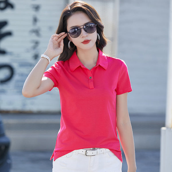 Hot Sales Women's Polo Shirts Summer Button Short-Sleeved Slim Polo Shirt Top Leisure Breathable Clothing  Plain Lady Shirt