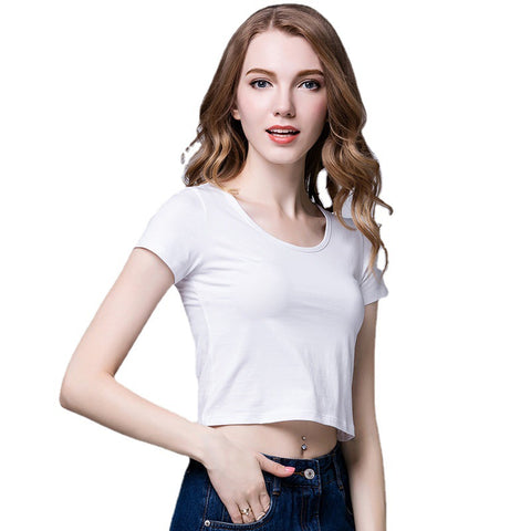 Hot sale Fashion Casual Daily White Short-Sleeve T-Shirt Women's Half-Sleeve Slim Cropped Navel Short Round Neck Solid Color Top