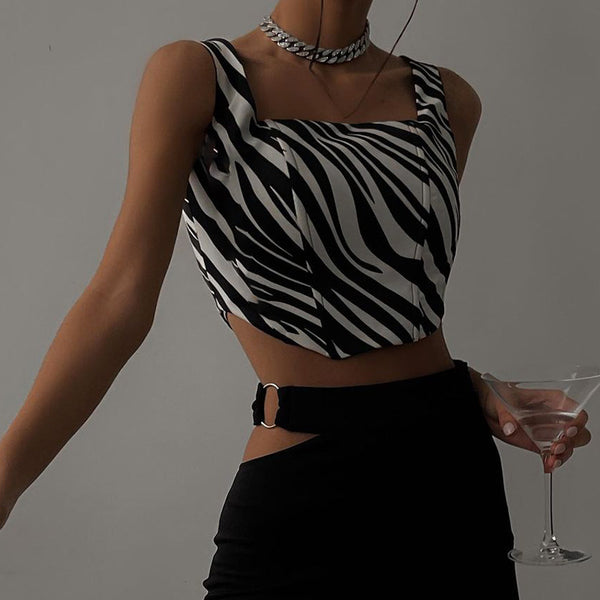 Women's Casual Sexy Crop Tops Factory Wholesale Price Stock Fashion Zebra Pattern Print Sleeveless Backless Tank Tops Blouse Vest