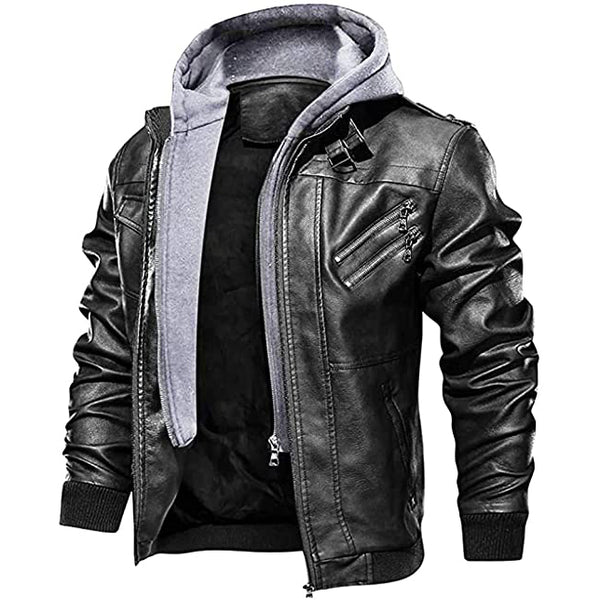 Sidiou Group Anniou Mens PU Leather Jacket Casual Stand Collar Zipped Bomber Jacket with Removable Hood Biker Windbreaker Coat Motorcycle Jacket