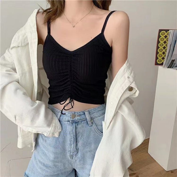 New Style Women's Short Vest With Chest Pad Comfortable Summer Plain Color Backless Top Drawstring Ruched Bandage Sleeveless Ladies Vest