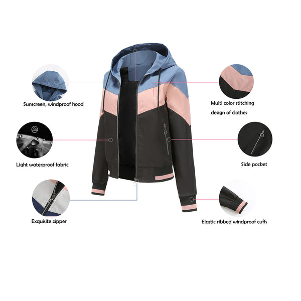Sidiou Group Anniou Spring and Autumn Thin Ladies Windbreaker Outdoor Fashion Hooded Jacket Colorblock Lightweight  Raincoat with Drawstring