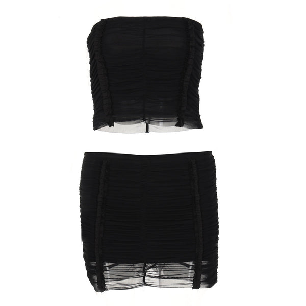 Summer Hot Sale Women's Club Party Sexy Sets Off The Shoulder Tube Tops Mesh Short Skirt Two Piece Suit Ladies Girl Clothing Set