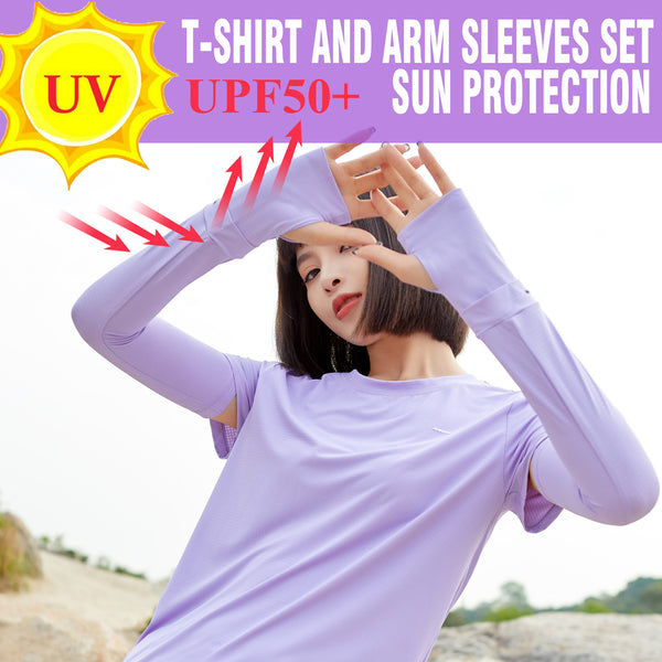 Sidiou Group Anniou UPF50+ Tshirt and Arm Sleeves Set Women Short Sleeve Anti UV Quick Dry Sport T-Shirt for Running Workout Yoga Fitness Training