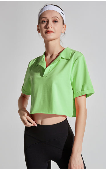 Sidiou Group Wholesale Cheap Price No Button V-Neck Crop Navel Polo Sweatshirt Fitness Running Tennis Clothing Cotton Top Shirts For Women