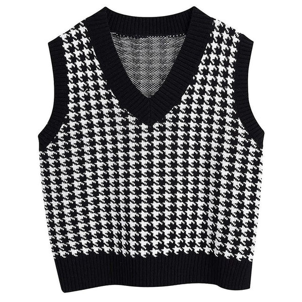 Sidiou Group Anniou Plaid Knitted Sweater Vest Women Oversized Pullover Vintage Sleeveless V-Neck Female Autumn Sweater Tops Casual