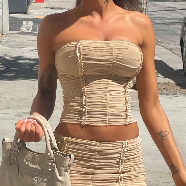 Summer Hot Sale Women's Club Party Sexy Sets Off The Shoulder Tube Tops Mesh Short Skirt Two Piece Suit Ladies Girl Clothing Set
