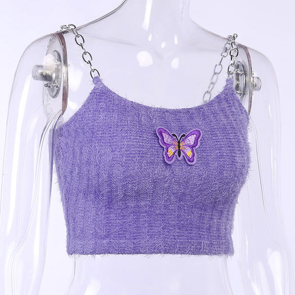 Sidiou Group New Sexy Chain Sling Navel Mini Butterfly Embroidery Vest Hot Girl Tights Solid Color Women's Purple Short Tops