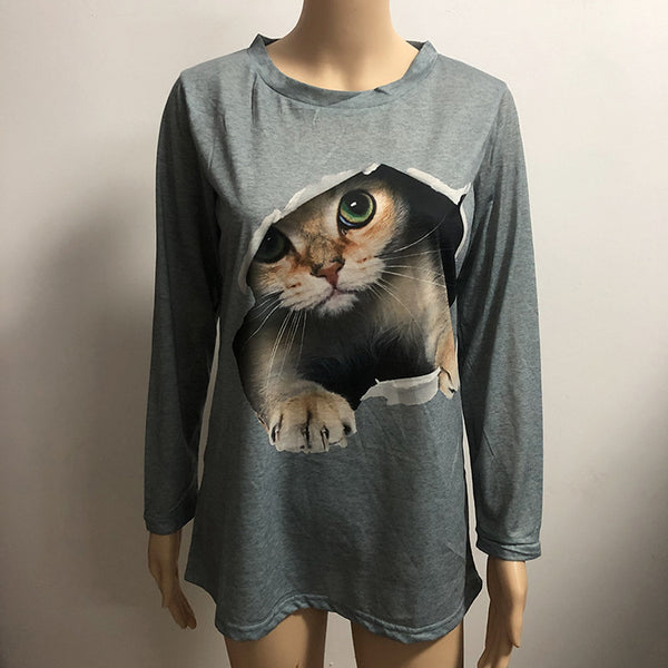 Sidiou Group High Quality Oversized Women's Casual Daily 3D Print Cat T Shirt Loose Stretchy Long Sleeve Funny Tee Tops