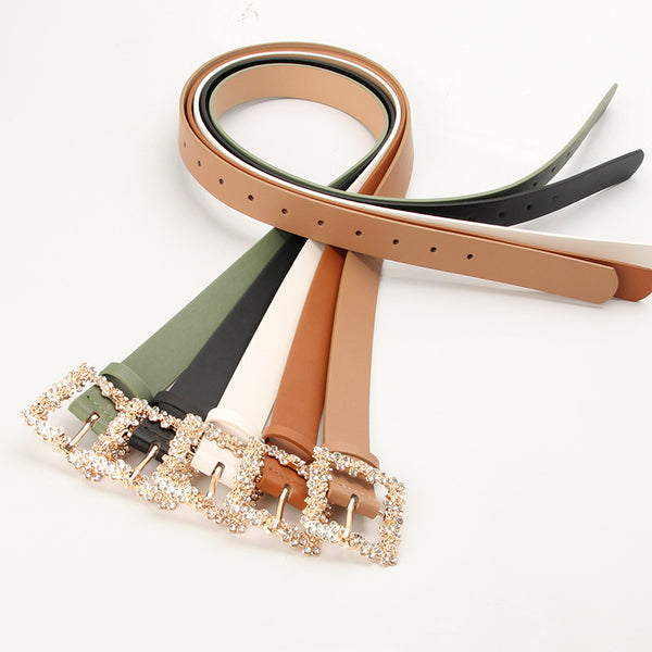 Fashion Luxury Women's Rhinestones Bling Bling Crystal Diamond Studded Solid Color PU Leather Ladies Girl Decorative Waist Belt