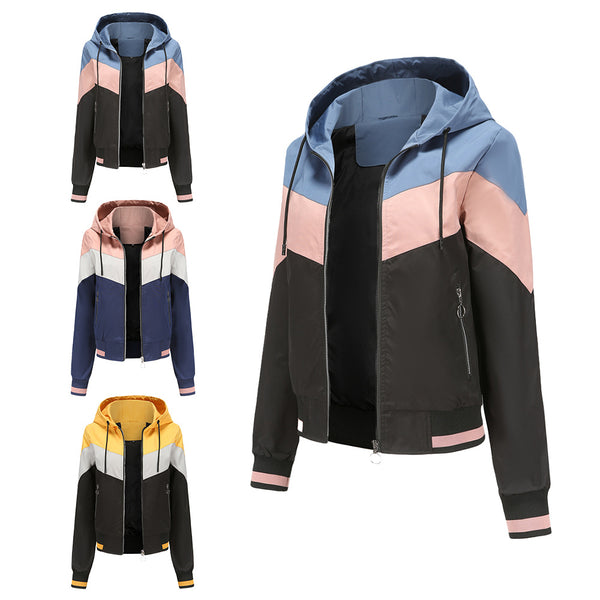 Sidiou Group Anniou Spring and Autumn Thin Ladies Windbreaker Outdoor Fashion Hooded Jacket Colorblock Lightweight  Raincoat with Drawstring
