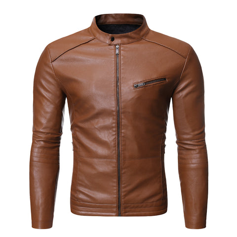 Sidiou Group Anniou Autumn Winter High Quality Men's Solid Color Stand Zipper Pocket Slim Motorcycle Fleece Long-sleeved Leather Jacket