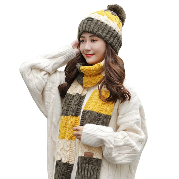 Sidiou Group Outdoor Ski Cycling Windproof Knit Earmuff Cap Scarves Women Knitted Hat Scarf Set Winter Warm Pom Pom Knitted Beanie Hat