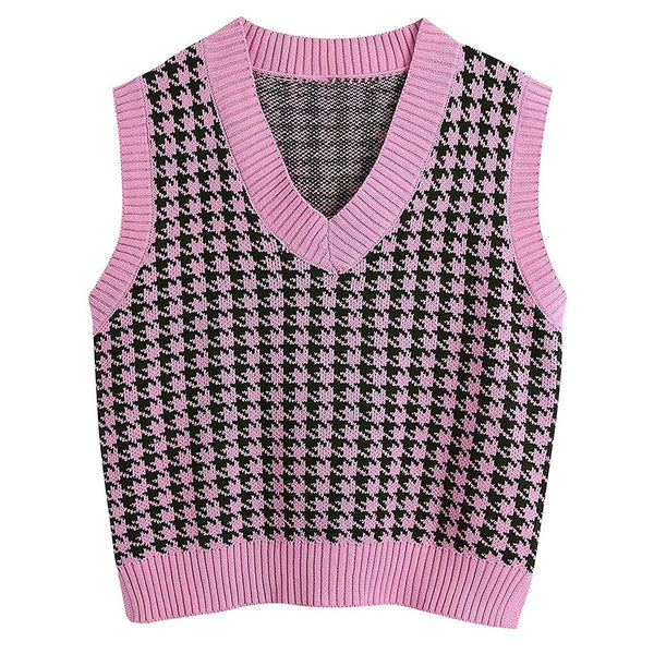 Sidiou Group Anniou Plaid Knitted Sweater Vest Women Oversized Pullover Vintage Sleeveless V-Neck Female Autumn Sweater Tops Casual