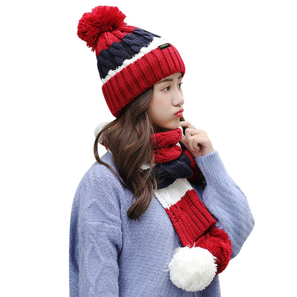 Sidiou Group Outdoor Ski Cycling Windproof Knit Earmuff Cap Scarves Women Knitted Hat Scarf Set Winter Warm Pom Pom Knitted Beanie Hat