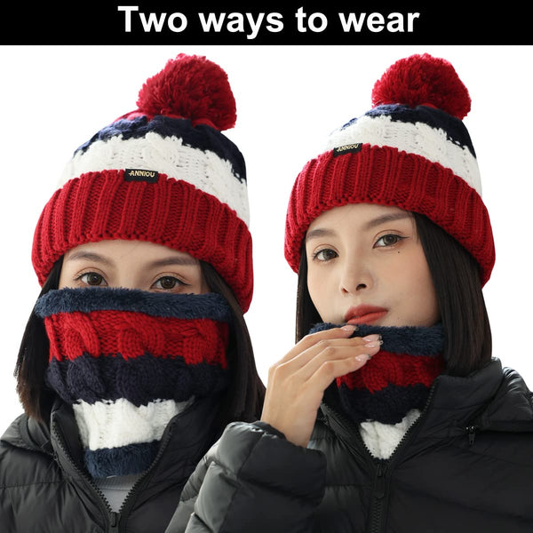 Sidiou Group Anniou Women Knitted Hat Scarf Set Winter Warm Thicken Pom Pom Knitted Beanie Hat Fleece Lining Fashion Outdoor Cycling Windproof Knit Earmuff Cap Scarves