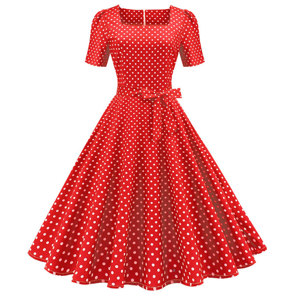 Summer Casual Women's Clothes Square Collar Polka Dot Print Midi Dress Short Sleeve Lady Vintage Dresses With Zipper With Belt