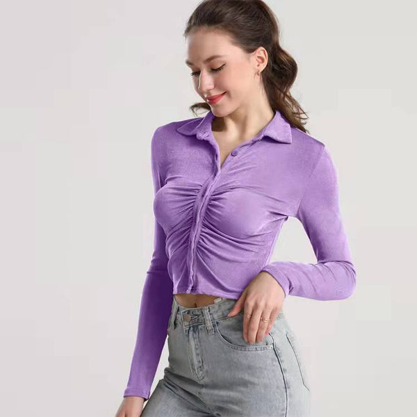 Sidiou Group Spring Summer Polyester New Lapel Long-Sleeved Single-Breasted Fashion Tops Cheap Price Tight Sexy T Shirts For Women
