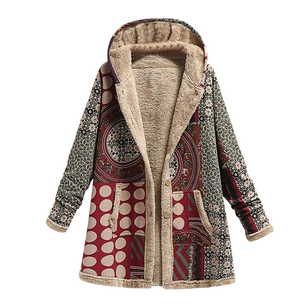 Sidiou Group Anniou Winter Vintage Women's Coat Warm Printing Thick Fleece Hooded Long Jacket with Pocket Ladies Outwear Loose Coat