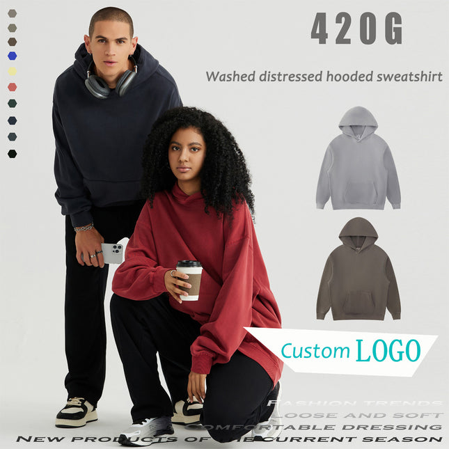 420g High Street Retro Washed Hooded Sweatshirt Men's Sports Hoodies Customized Logo Blank Heavy Cotton Oversized Sweatshirts