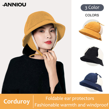 Sidiou Group ANNIOU Casual Autumn Winter Lamb Wool Fisherman Cap Women's Ear Protection Warm Basin Hats Windproof Corduroy Bucket Hat