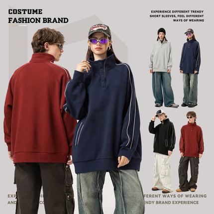 400 gsm Men's 100% Polyester Heavyweight Oversized Sweatshirt Casual Striped Pullover Stand Collar Loose Sweatshirts For Unisex