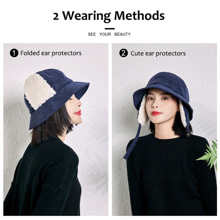 Sidiou Group ANNIOU Casual Autumn Winter Lamb Wool Fisherman Cap Women's Ear Protection Warm Basin Hats Windproof Corduroy Bucket Hat