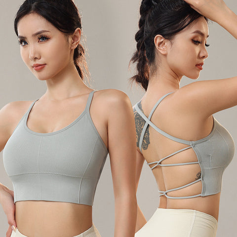 Quick Dry Shockproof Hollow Out Yoga Underwear With Chest Pad Fitness Bra Strap Cross Beautiful Back Breathable Sport Bras Women