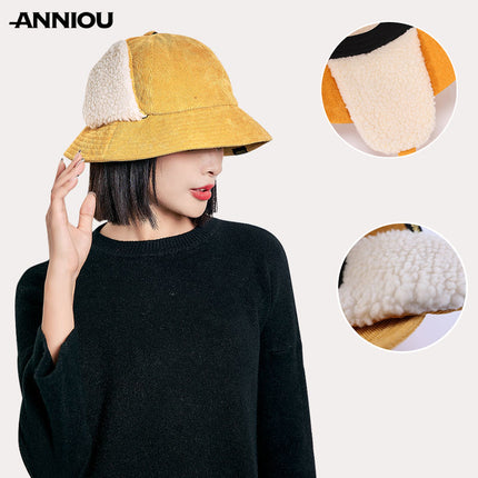 Sidiou Group ANNIOU Casual Autumn Winter Lamb Wool Fisherman Cap Women's Ear Protection Warm Basin Hats Windproof Corduroy Bucket Hat