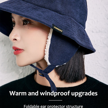 Sidiou Group ANNIOU Casual Autumn Winter Lamb Wool Fisherman Cap Women's Ear Protection Warm Basin Hats Windproof Corduroy Bucket Hat