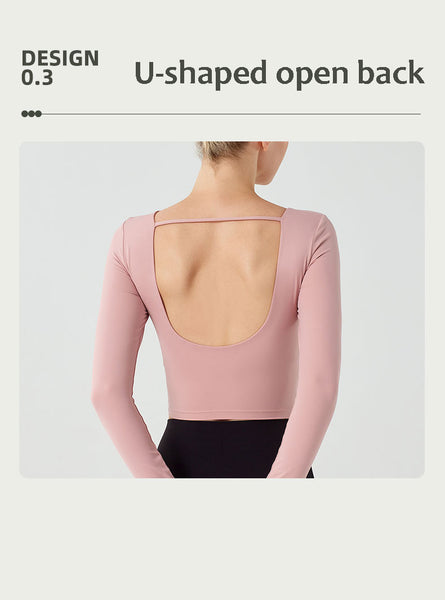 Padded Open Back Long Sleeve Workout Crop Top For Women Slim Fit U-back Yoga T-shirt Ladies Breathable Quick-drying Fitness Top