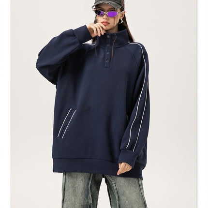 400 gsm Men's 100% Polyester Heavyweight Oversized Sweatshirt Casual Striped Pullover Stand Collar Loose Sweatshirts For Unisex