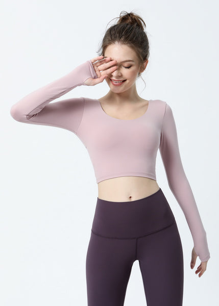Long Sleeve Sexy Cross Backless Yoga Crop Top Women Sports Fitness T-shirts With Thumb Hole Padded Slim Fit Workout Shirts